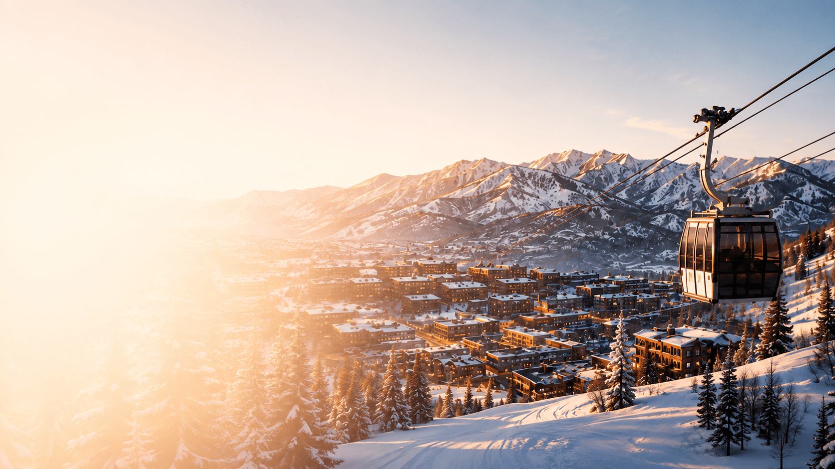 Park City at sunrise with snowy mountains and a gondola above town
